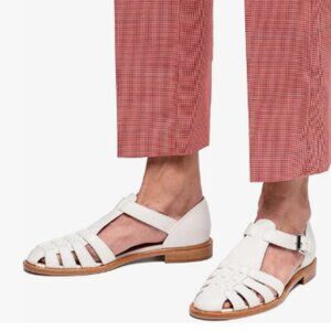 FSJ White Retro Closed Toe Low Block Heel Woven Roman Ankle Strap Caged Sandals
